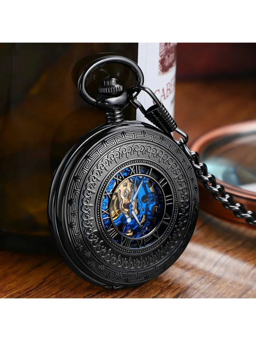 Men's Black Vintage Style Hollow-Out Round Gear Arabic Mechanical Pocket Watch